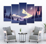 Small Wall Frame Animated Half Moon and White Mountain - 5 Divided Wall Frame